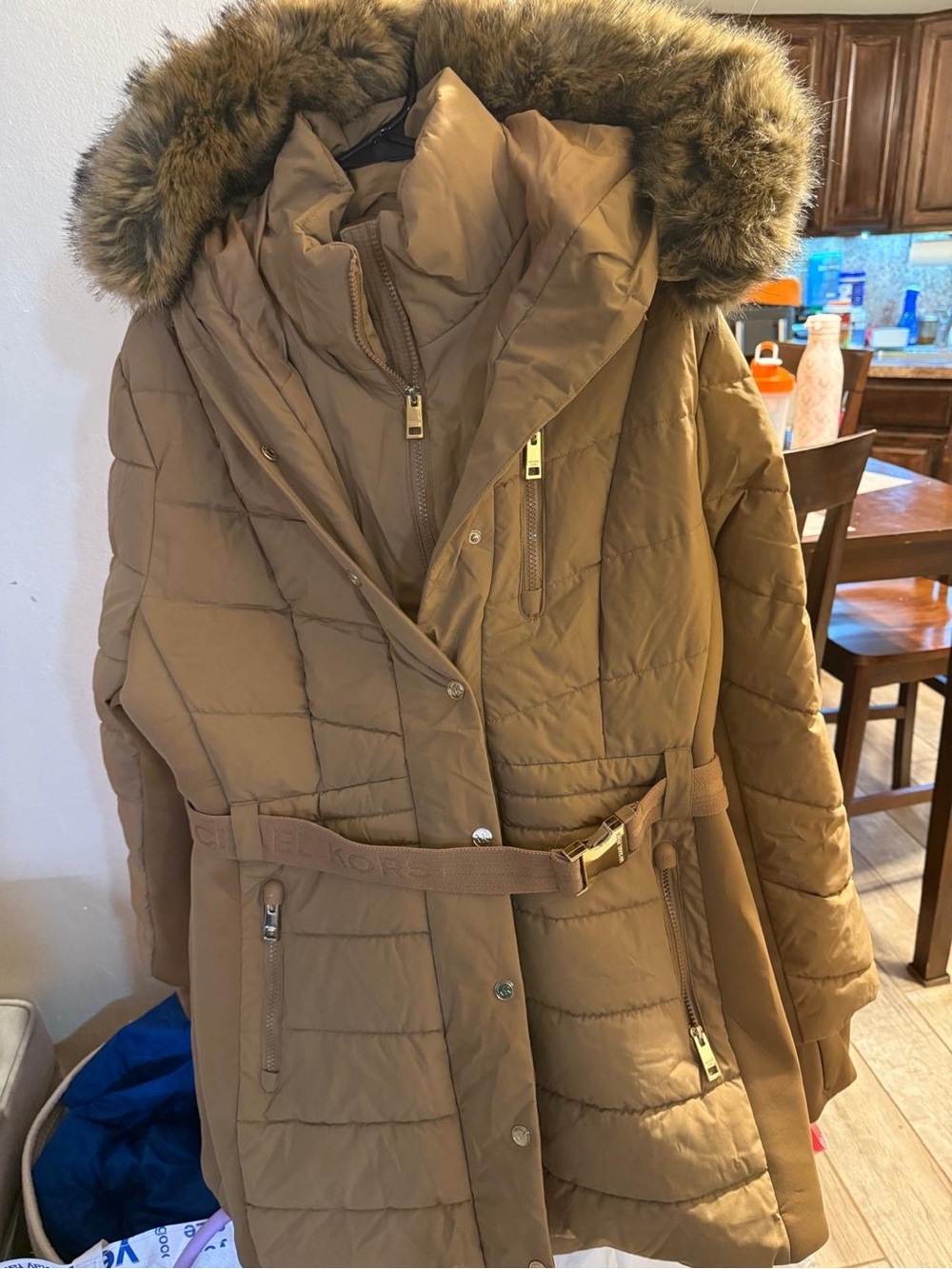 Michael Kors Camel Quilted Belted Puffer Coat with Faux-Fur Hood brand new